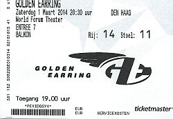 Golden Earring show ticket#14-11 March 01, 2014 Den Haag - World Forum theater